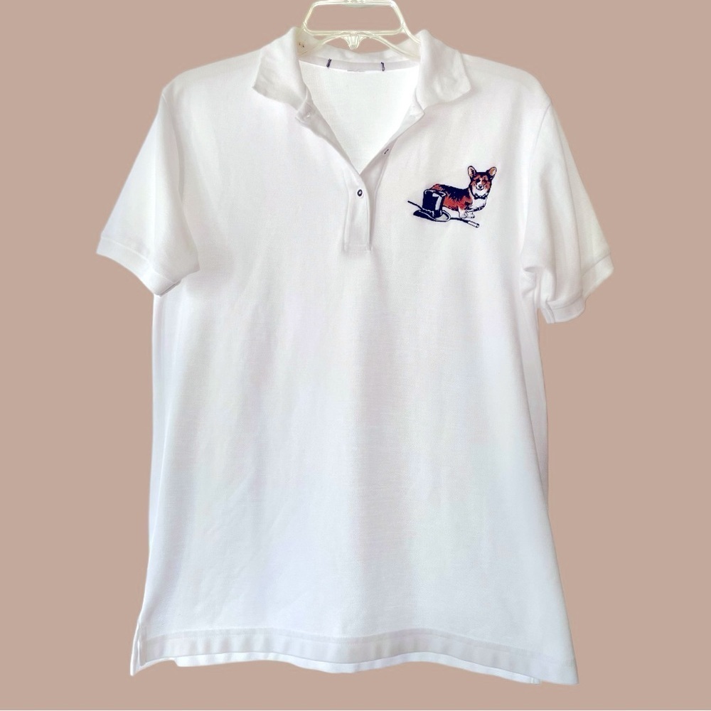 Polo shirt, size M, no tags, Corgi with top hat and stick, pique texture